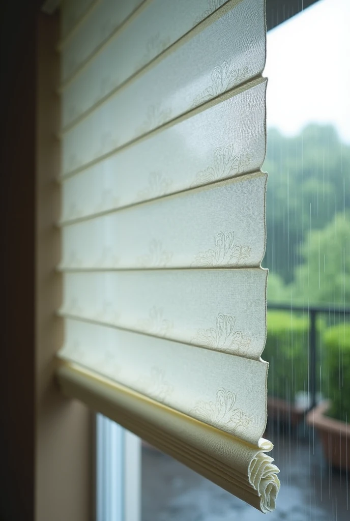 Generate an image of a monsoon blind in the Roman fold style. The blind should feature horizontal pleats and the strip should be in color that fold neatly when raised, made of water-resistant PVC Plastic to handle monsoon weather. The design should be simple and elegant, with subtle Roman-inspired patterns, and the scene should depict the blind partially lowered, with rain visible outside the material is PVC Plastic and it's transparent so the background are visible. It is used in patios and balconies.