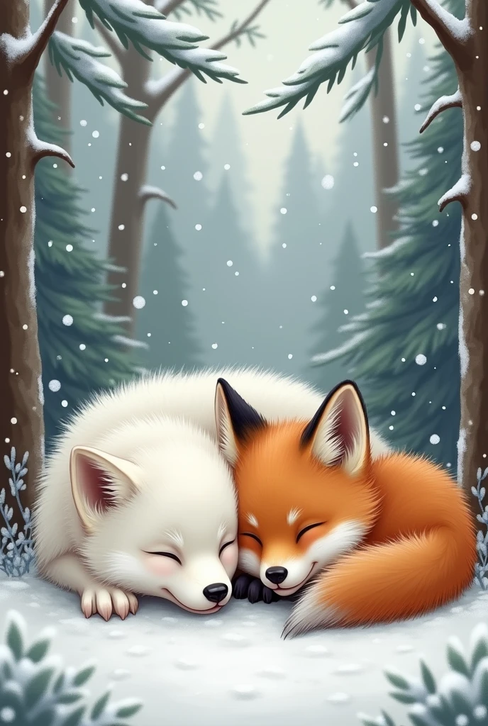 Dessin en couleur d'un bébé loup blanc et bébé renard roux blotis l'un contre l'autre qui dorment dans une forêt où de la neige tombe