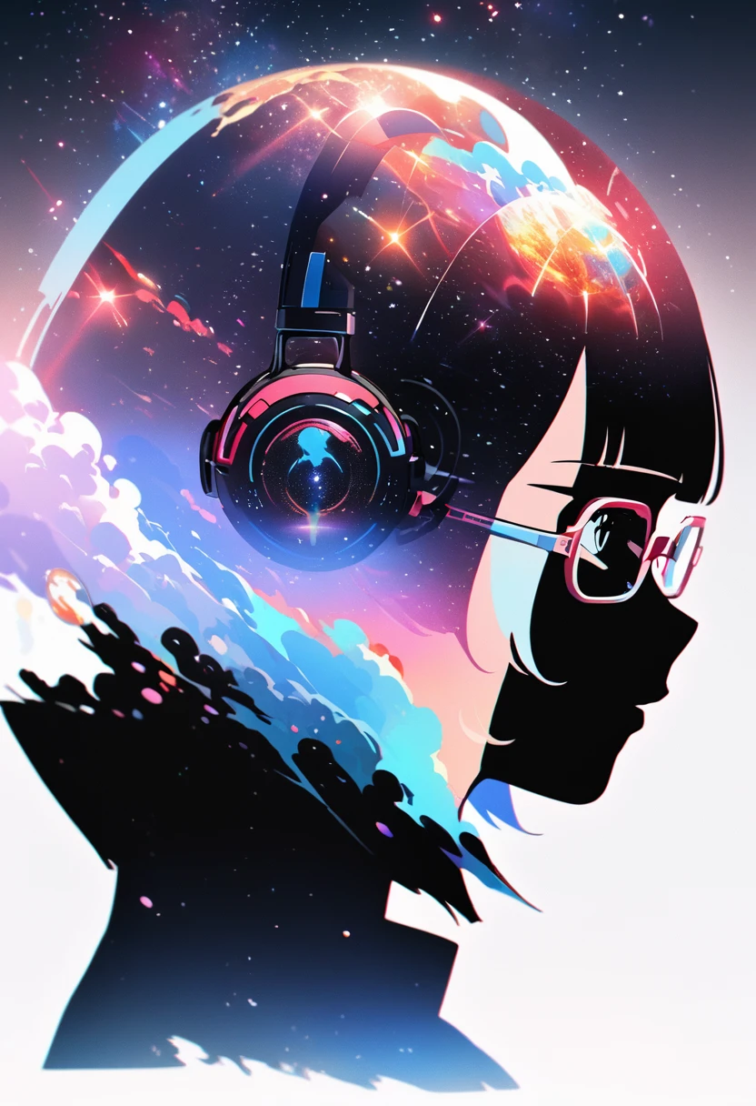 Profile of a woman silhouette.(Super Short Hair:1.3), Blunt bangs, (((Under-rim glasses:1.3))), (Headphones:1.3), Inside the silhouette you can see the Double exposure with a deep space, universe, Supernova explosion, masterpiece, ((Double exposure)), Proportion.,Double exposure