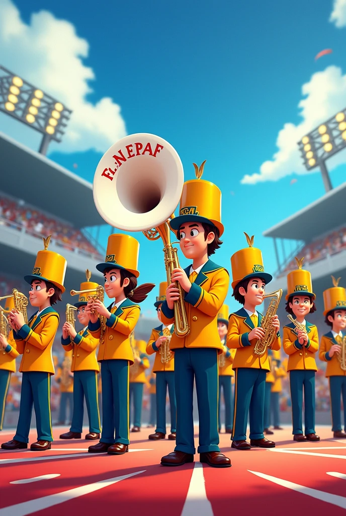 A marching band with several people and them in a row with the tenor box instruments, bass drum, plate in hands playing, and their clothes are yellow with dark blue and the name fanpaf in the image and the image in the form of a Disney cartoon