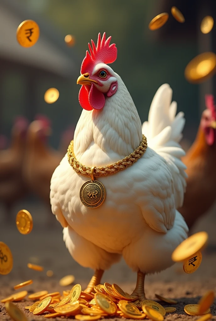 A white hen in poultry with Big Golden chain and name On chain Tejas Gadhe and Indian 
rupees  rain

