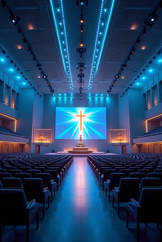 A very huge and wide rectangualar meeting hall, with many rows and Columns of chairs devided with 3 walk ways,blue and white light in the building,ceiling with many spot lights, A wide Huge tectangual stage at a far end, background of the stage "a full screen shoing A light shining out from a bible cross on the top of the bible and a dove on the top of the cross", Tv screen hang down on the middels of ceiling infron of rows