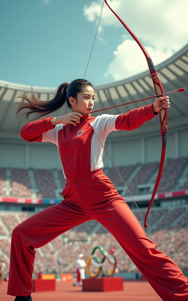 Ultra-high resolution，Women&#39;s Archery at the Olympics，Red and white clothing，real picture，（1 Korean beauty，Super beautiful，Fair skin）（full-body shot，Panoramic vistas，Wide-angle lens），Olympic Games venue，Professional equipment，Focus，Ten rings，Olympic competition background