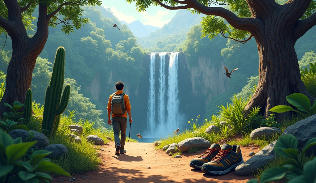 Drawing on the tropical dry forest with 4 elements, 1 hiker starting a trail next to a cactus, 2 the path that the walker takes that ends at a waterfall in the middle of nature. 3 a bird on a ceiba tree in the tropical dry forest. 4 shoes on the hiking floor
