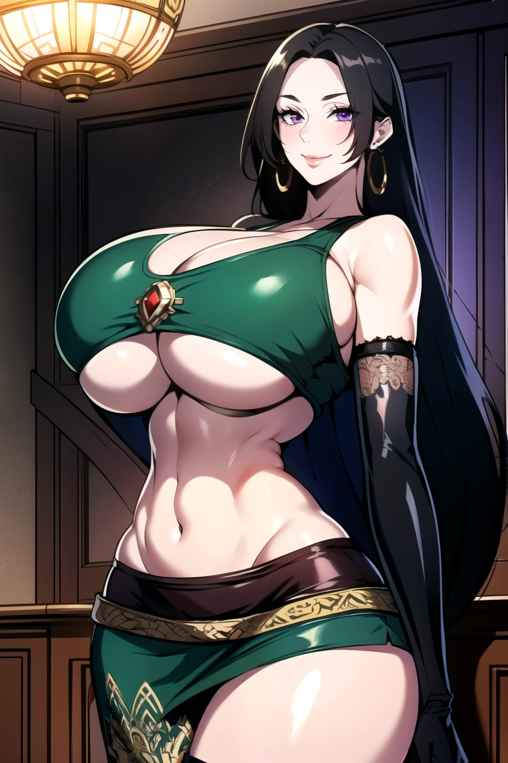 ultra realistic 8k cg, masterpiece, ((ultra detailed background, intricate detail, highly detailed, fine details best quality, hyperdetailed face)), gigantic breasts ,beautiful lighting, absurdres, BoaHancockV2, 1girl, solo, black hair, long hair, jewelry, closed mouth, ), cleavage, (arabian dancer outfit : 1.1), (underboob : 1.4), elbow gloves, thigh boots, miniskirt, bare shoulders,, bare shoulders, curvy, midriff, curvy, thighs, shiny clothes), violet eyes, complex detailed background, indoor, palace), ((cowboy shot)), curvy, (gigantic breasts: 1.4), seductive smile, cowboy shot, earrings, jewelry
