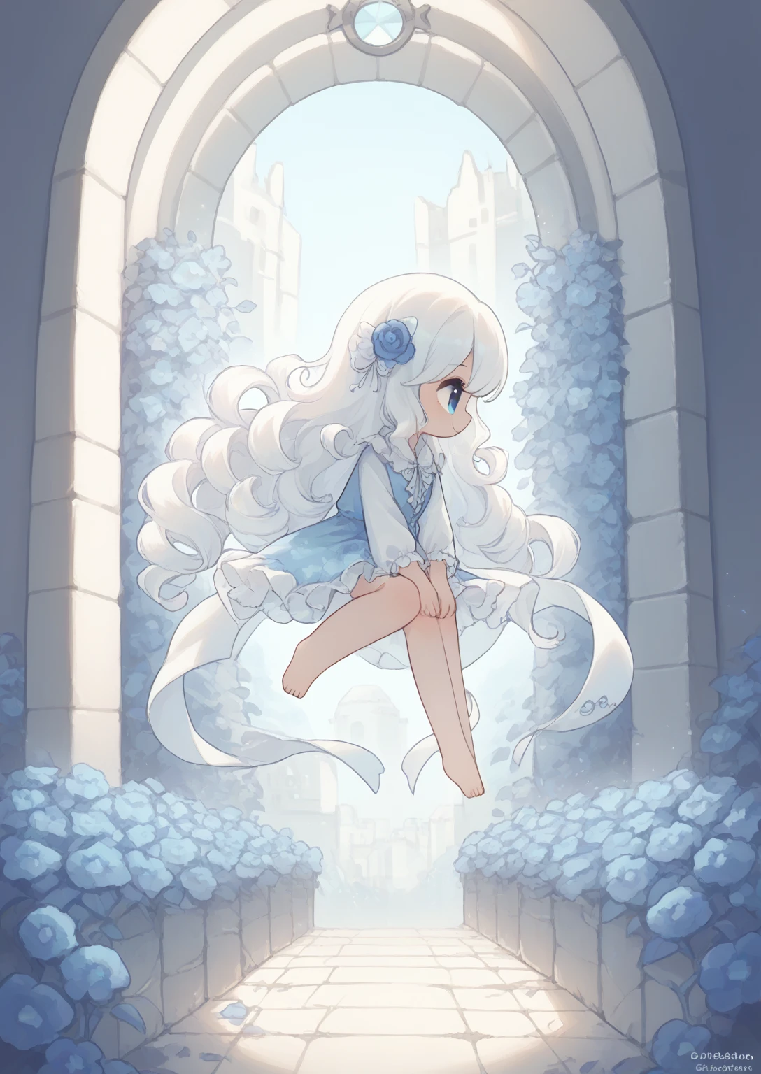 Gothic architecture,1 Girl,White extra-long curly hair,Blue Eyes,Small blue flowers blooming on the ground,Blue Flower Air Dance,Smile,Reach out,White flowing ribbon,barefoot,Sunlight,Movie lighting,ruins,Raise your hand,Floating,Profile,(Extra long hair),(White hair),Create Adam,cute,sit down