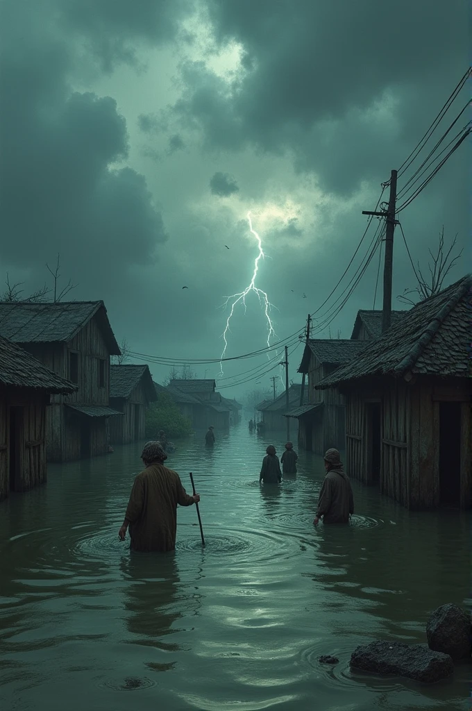A poor village is sunken into water and sky is covered with claud and thundering sometime
