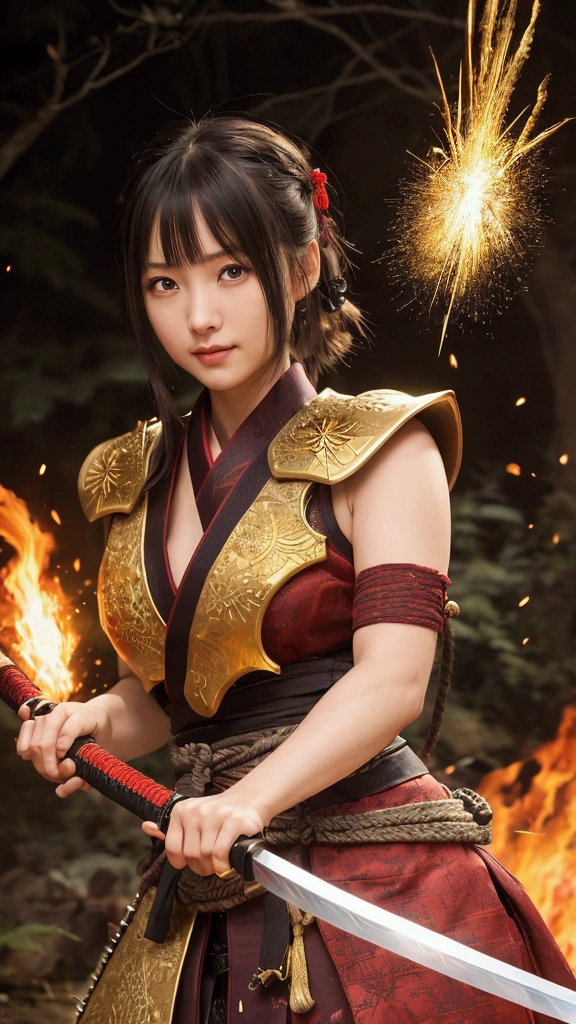 Highest quality、High resolution、Very detailed、Detailed Background20Beautiful cute girl of the year、Warrior、dragon tattoo on arm、Japanese sword(Blade length: 2 feet 4 inches、The painting is woven with red and black threads..、The tip is gold)、Japanese sword、Sharp eyes、enemy'Blood is flowing to my cheeks、In the woods、Armor from the Sengoku Period(Red and gold costume)、blondes、short hair、Realistic Face、Swing your sword down、Delicate eyes、Laugh a little、Like a fight scene in a live-action movie、On the cheeks、enemyWarrior's blood splatter、Burning castle in the background、Sparks fly、Holding a Japanese sword with both hands、smile、Big Breasts