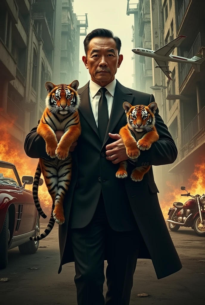 poster film action,Portrait of an 1 Asian man wearing mafia clothes holding a woman and a tiger cub ,in a ruined building,api,car,motor,aircraft,real best quality