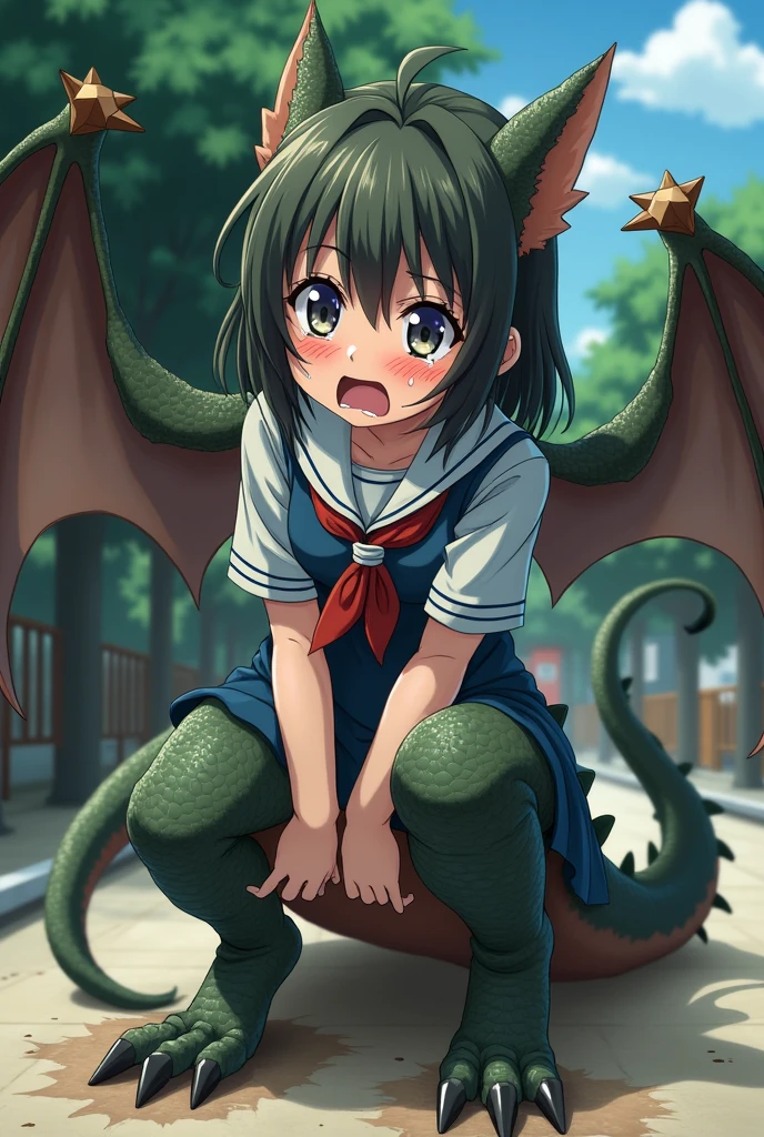 A girl's lower_body is transformed into a dragon(four legs)(scared)(Japanese anime style)(scared and crying)(dragon angles)(dragon ears)(student costume)