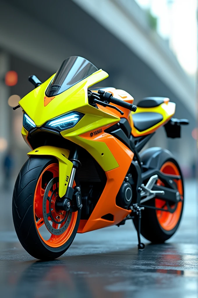 Create image of Yamaha Jog motorcycle in lemon yellow, fluorescent orange and fluorescent green