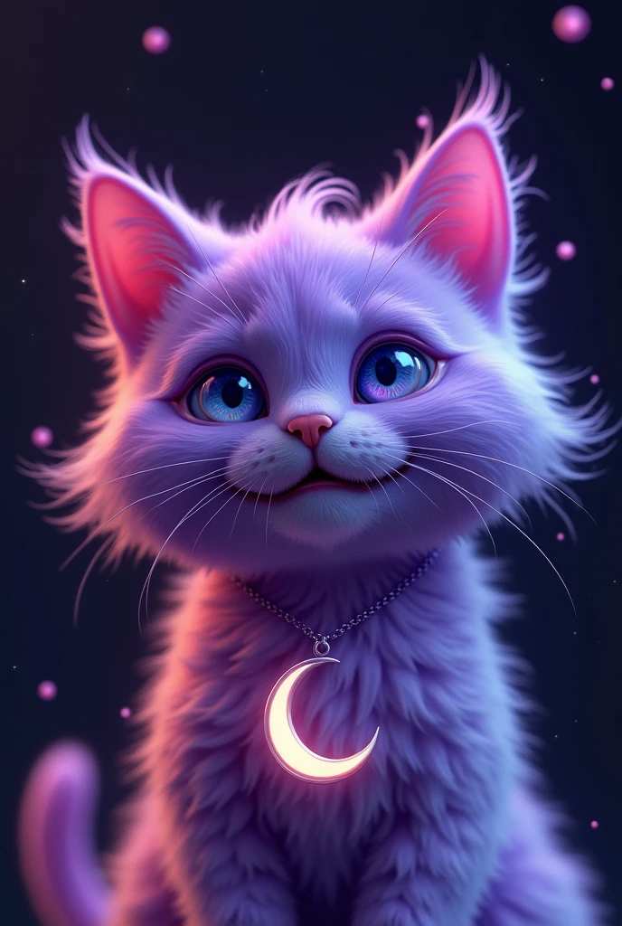 A purple cat with a big smile and the moon around its neck. purple fluffy plaything cat. the background is black. violet skin, furry character portrait, purple metal ears, foto de cosplay, the background is black. Dog is crying with tears,  orange fur, furry character portrait, purple metal ears, foto de cosplay, furry texture, soft 3d model, plaything, multiple light sources, rim-light, crisp post effects rendering, (glossy fur texture with multiple big light probe refractions), Perfect CGI, smooth silhouette, high intensity refraction, (super furry material), most beautiful visual effects, darkness background, hair refractions, realisitic, 4K, high resolution, rim-light,  photoshoot, commercial shot,  profile pic, 4K, rim-light, high resolution, 4K, texture, soft 3d model, multiple light sources, rim-light, crisp post effects rendering,  cgi art created only with gradients, smooth silhouette, high intensity refraction, (super shiny fur material), most beautiful visual effects, rim-light, crisp post effects rendering, Perfect CGI, digitl art, detailed digitl art, reflexivo, best qualityer, 4K, work of art:1.2, ultra detali, realisitic, bright coloured, Dark, moody lighting, The highest quality image, ensuring every detail is displayed perfectly. It in 4K resolution, allowing viewers to immerse themselves in the richness of colors and intricate details. The realisitic rendering. under the spotlight, reflecting, High resolution image, realisitic rendering, darkness background, and rim-light photorealisitic