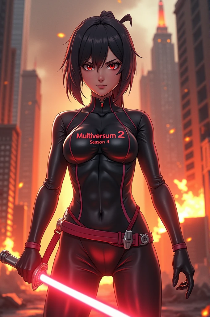 an anime girl stands with a lightsaber in her hand against the background of a burning city, wearing a latex suit with the inscription Multiversum 2 season 4 above her