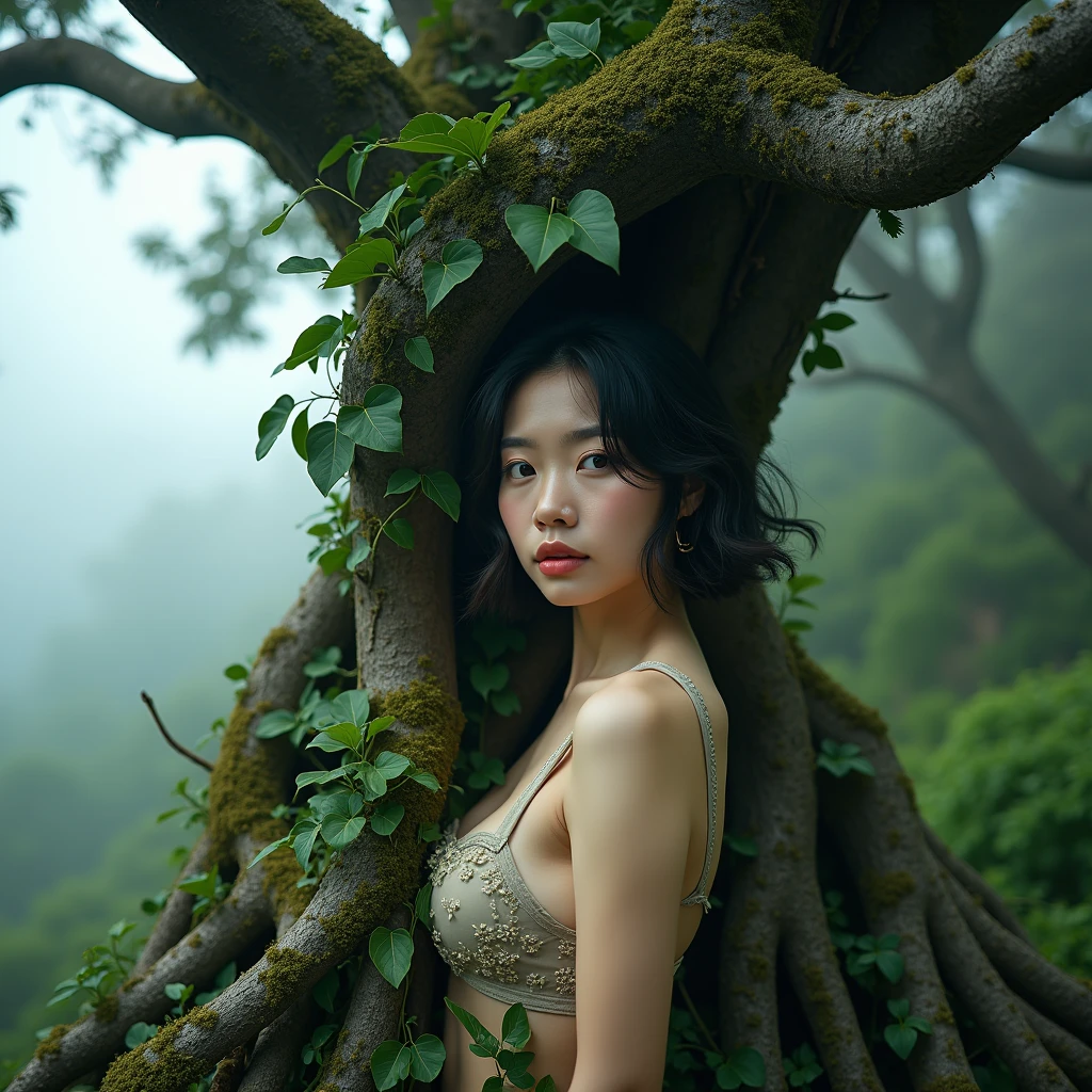 A naked woman, trapped in a tree, her body enveloped in leafy vines flowers, covered in moss, waving at the camera, entangled in vine roots, leaf-covered roots, beautiful woman, big breasts, sensual body, big breasts, short wavy hair, beautiful Asian woman, jav idol actress, fog, night, on top of a mountain, with front shooting angle, very realistic, (complex detail: 0. 9), (hdr, hyperdetail: 1.2), RAW, Sony Alpha a9 II, 24-105mm f/4, HDR,