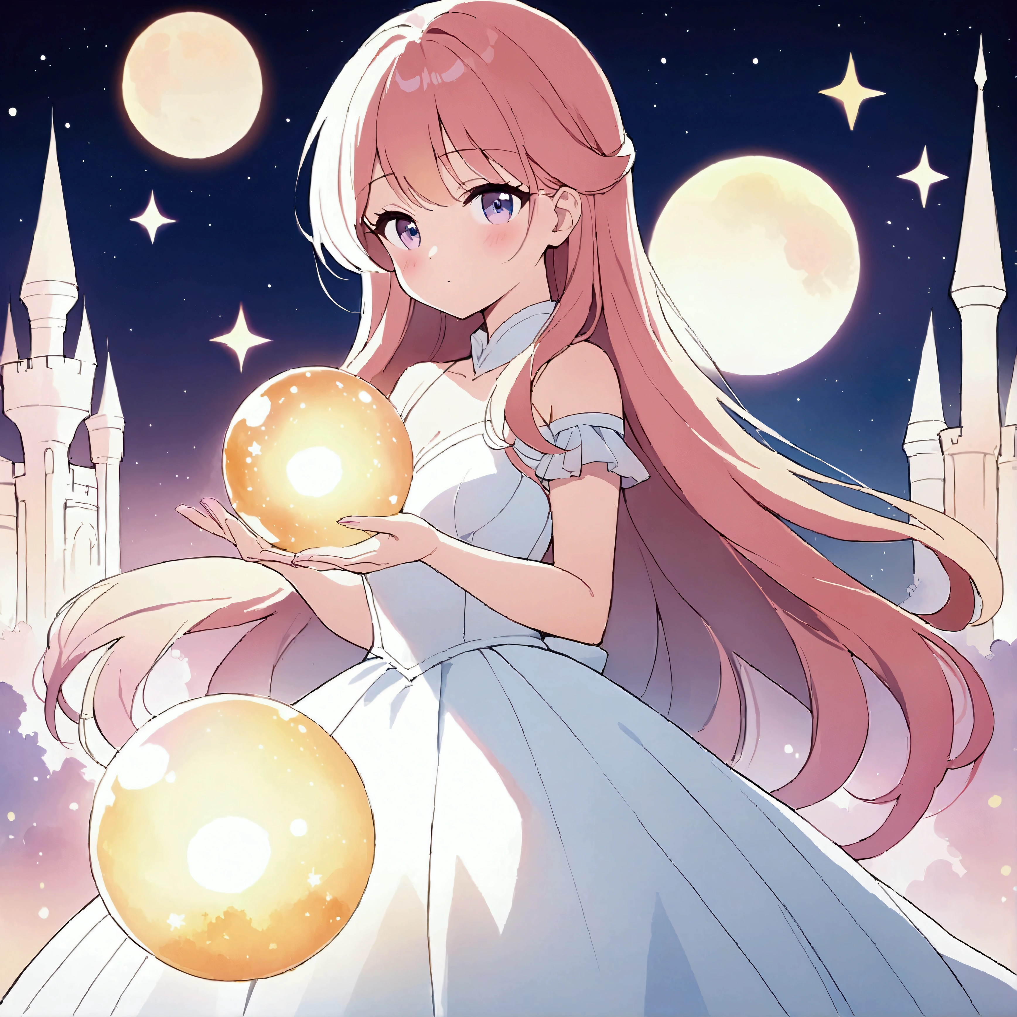 beautiful girl in sparkling white dress holding a glowing gold 별, Shining Ball Gown, Gorgeous long hair, Gorgeous fantasy background, Watercolor painting, disney art style, The glowing aura around her, shining lights, beautiful digital illustration, beautiful, masterpiece, best quality, Animated Disney style