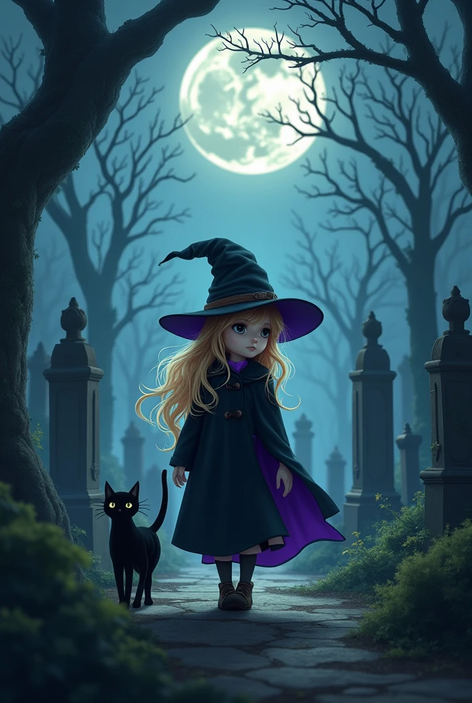 create a child with long, blond hair, with cat eyes, in the cemetery walking alone, with a witch's hat, a cover with a purple interior and a black cat