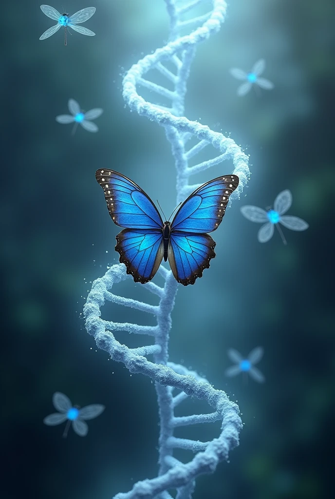 generates an image of a male Morpho Helenor Cramer and a female dragonfly interacting in a vertical genetic spiral that disappears into infinity