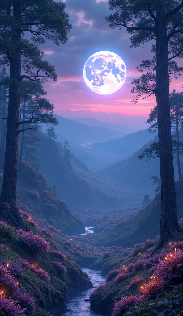 "A hidden, magical realm known as Vyrelyn, where the boundary between reality and dreams is delicate. The landscape features rolling hills covered in softly glowing, bioluminescent plants. The sky is a twilight blend of deep purples, indigos, and golds, with two large moons hanging low and casting a mystical light. At the edge of the realm stands the Whispering Veil—a semi-transparent, shimmering barrier of silver-blue light, rippling gently like water. Ancient, towering trees surround the Veil, and mist swirls at its base, creating an ethereal atmosphere filled with whispers of forgotten dreams and echoes of lost hopes."