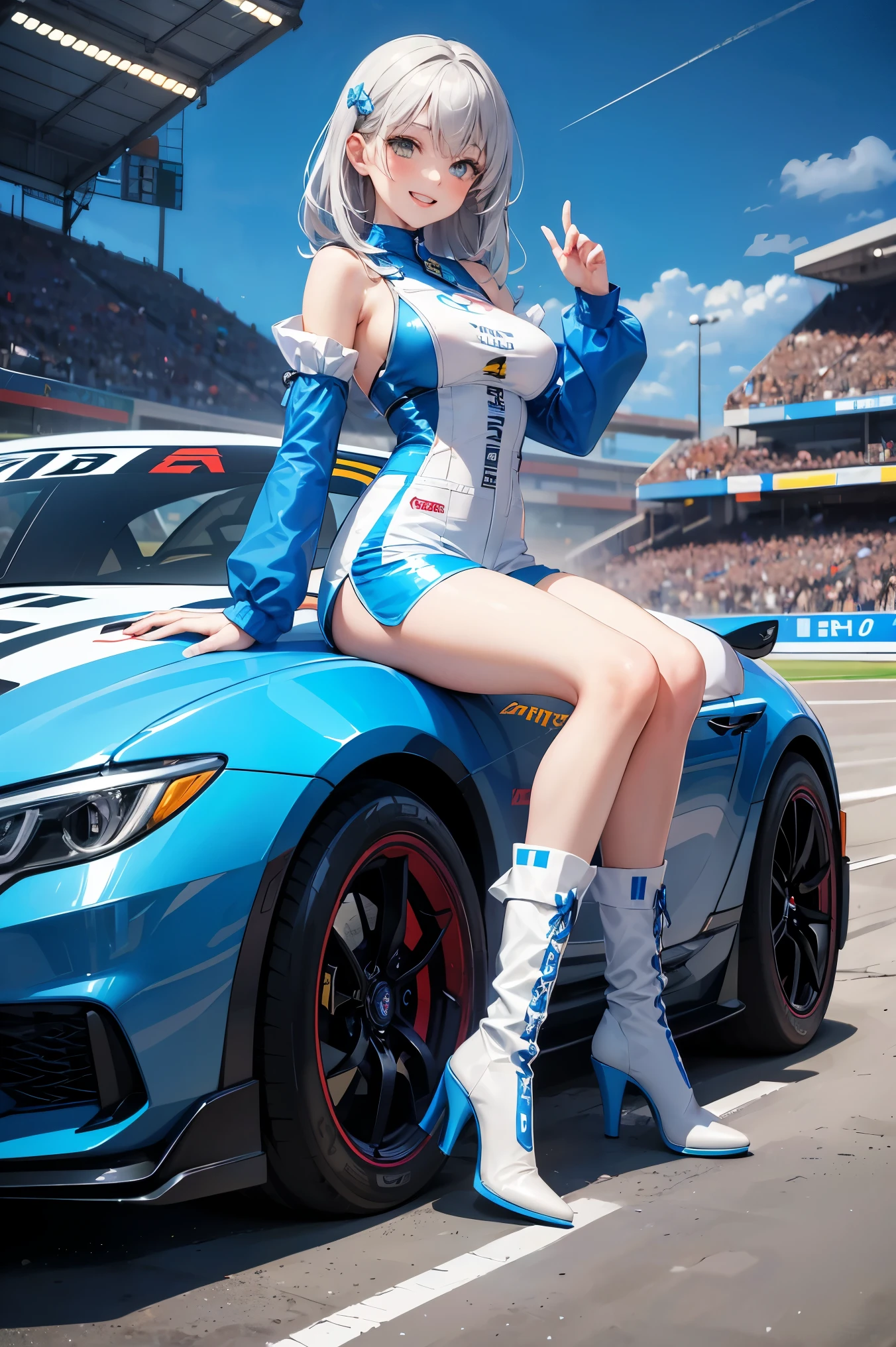 Illustration of a grid girl. The character is wearing a grid girl outfit. The outfit is a shiny blue and white costume with a short top, blue and white patterns on the sleeves, and tight shorts on the bottom. She is wearing silver high-heeled boots. She has a cheerful, confident smile. The circuit pits and racing cars are lined up in the background.