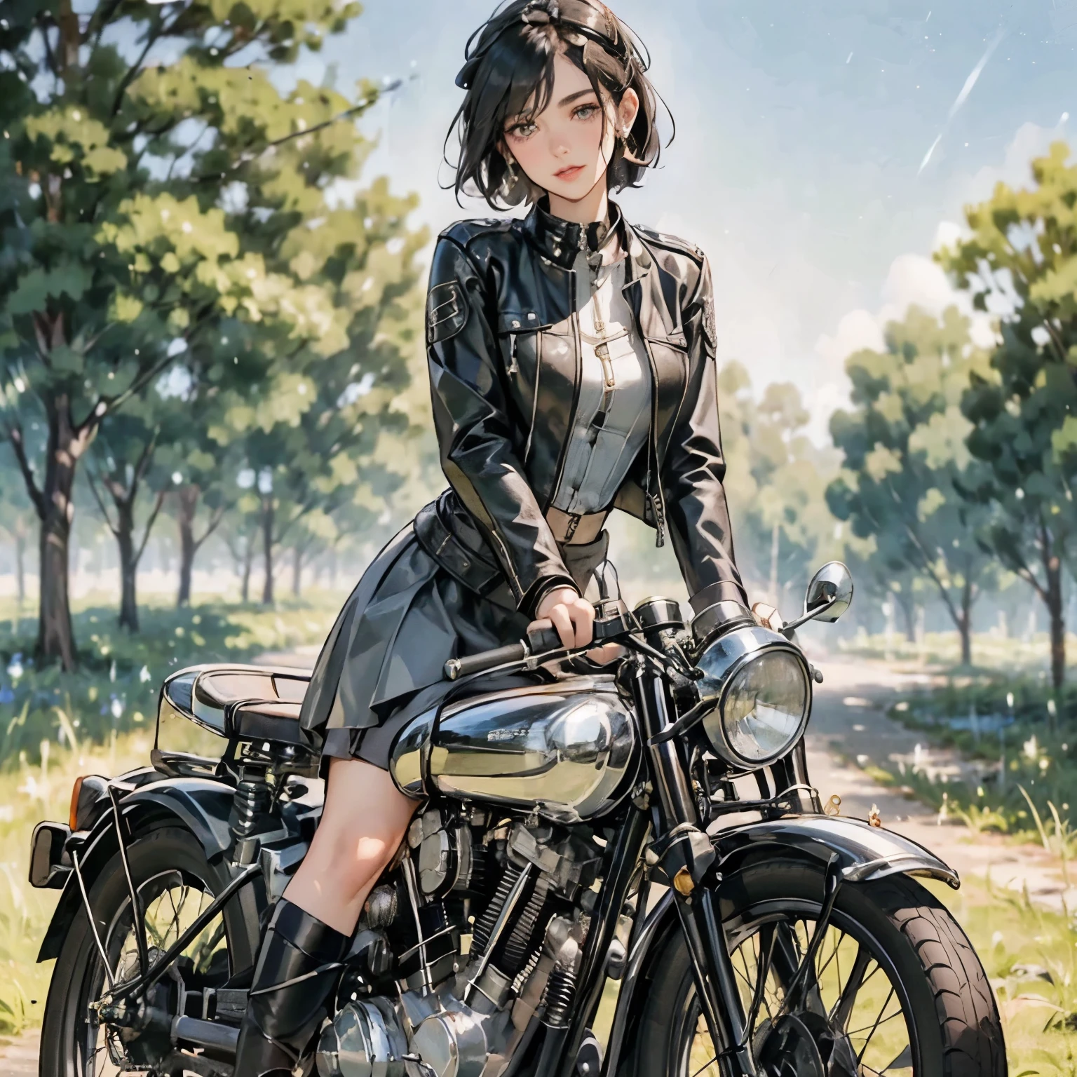 (Riding on motorcycle:1.2)、(Vintage Bikes、Bluff Superior SS100)、 Beautiful young woman、1 person、Beautiful Face, Beautiful and delicate eyes, Black Hair, Short Bob Hair、Classic Leather Jacket、Cromwell helmet with goggles、After the Rain、Isle of Man Races、English countryside、 Detailed Description、(Highest quality, masterpiece, High resolution)、8k、wallpaper
