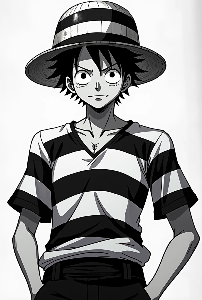 Monkey D. Luffy in prison uniform black and white striped long sleeves with black and white striped prison hat Original anime One Piece