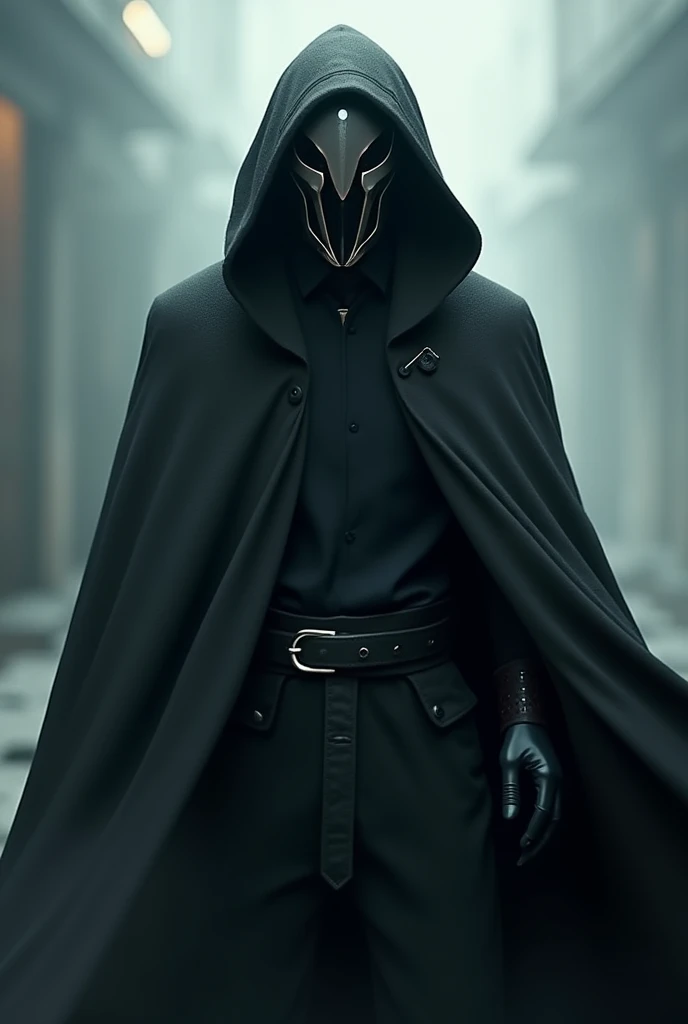 Charismatic hooded man with a metal tech mask and a large cape