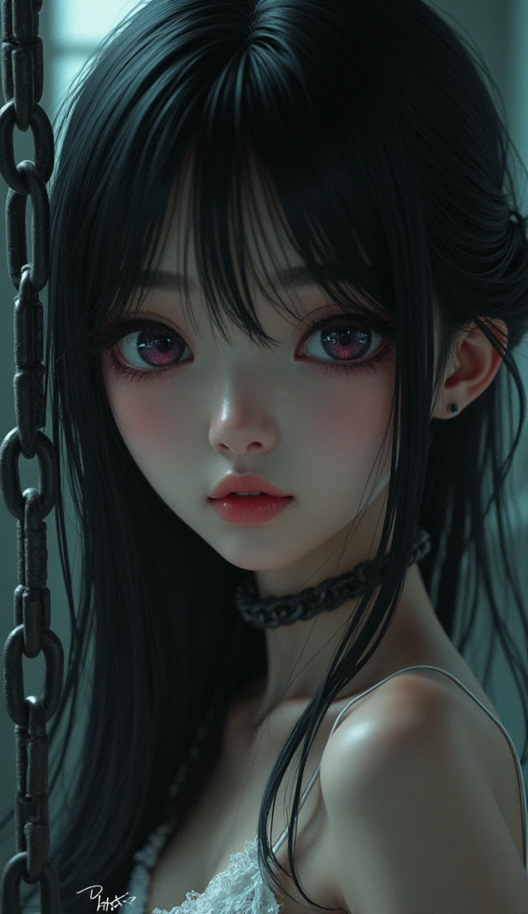 A realistic anime girl, beautiful detailed eyes, beautiful detailed lips, extremely detailed face and skin, long eyelashes, intricate bondage with metal chains, highly detailed, 8k, photorealistic, digital art, dramatic lighting, moody atmosphere, dark fantasy, cinematic composition
