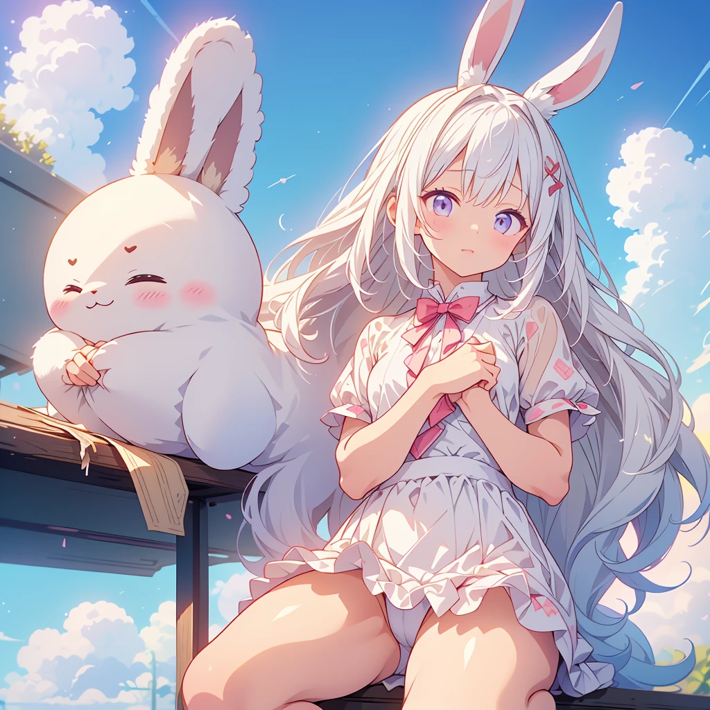 A cute  guy wearing a rabbit costume、fluffy、Loose、pastel colour、Highest quality、Masterpiece、Milky white hair color、kawaii tech,