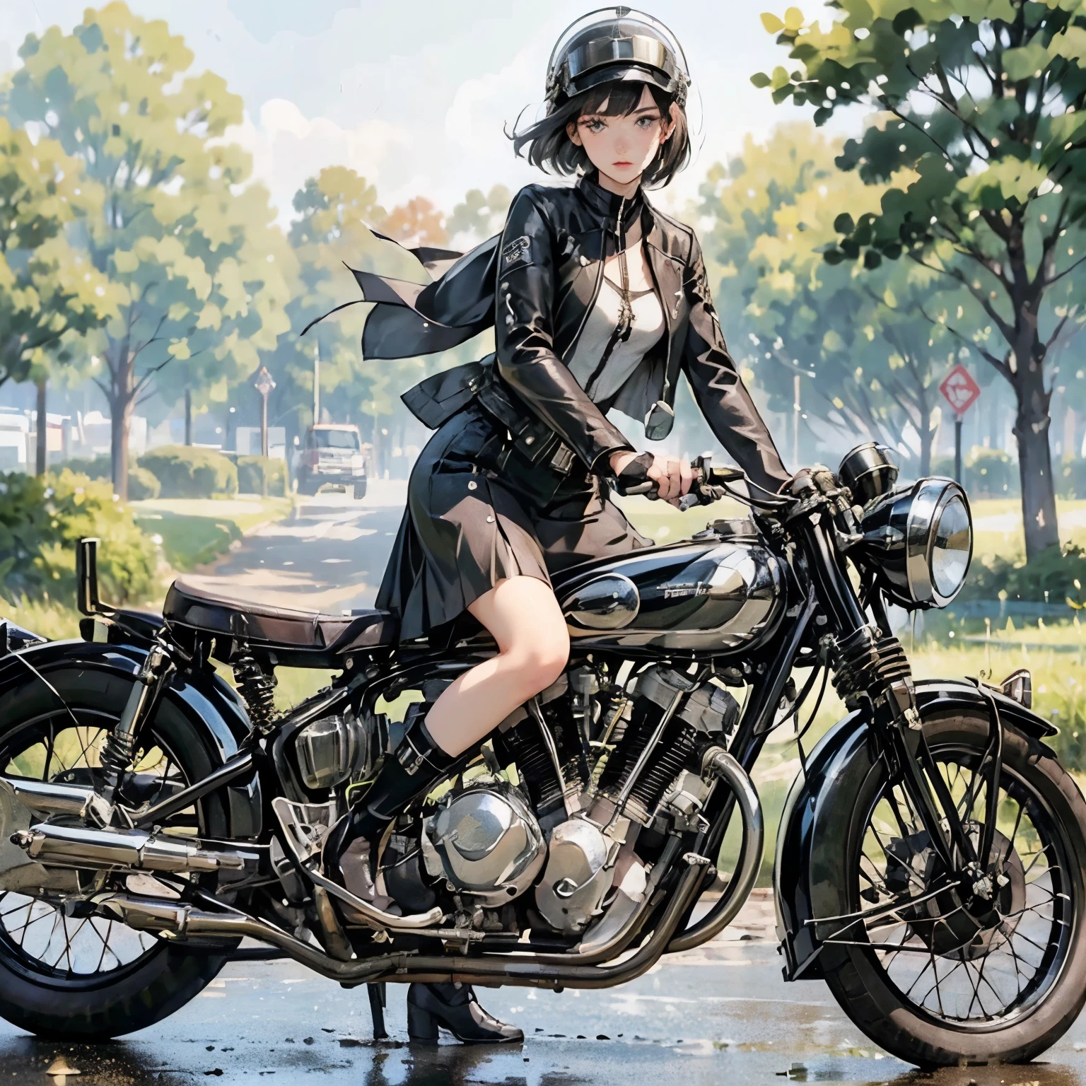 (Riding on motorcycle:1.2)、(Vintage Bikes、Bluff Superior SS100)、 Beautiful young woman、1 person、Beautiful Face, Beautiful and delicate eyes, Black Hair, Short Bob Hair、Classic Leather Jacket、Cromwell helmet with goggles、After the Rain、Isle of Man Races、English countryside、 Detailed Description、(Highest quality, masterpiece, High resolution)、8k、wallpaper
