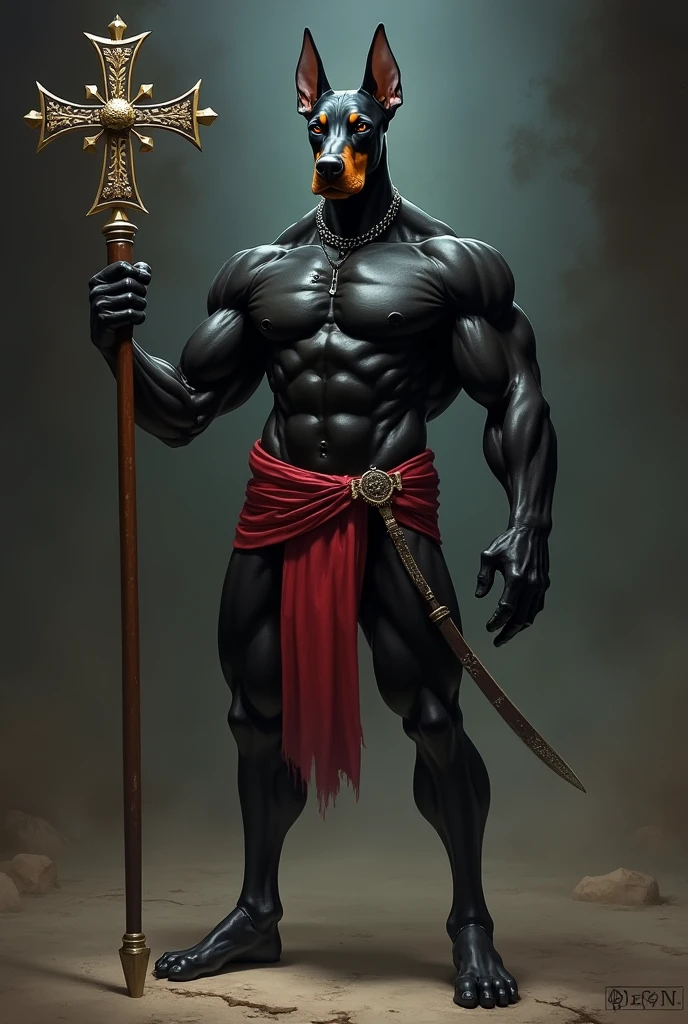 make a strong humanoid Doberman carrying Vasco da Gama's Maltese cross