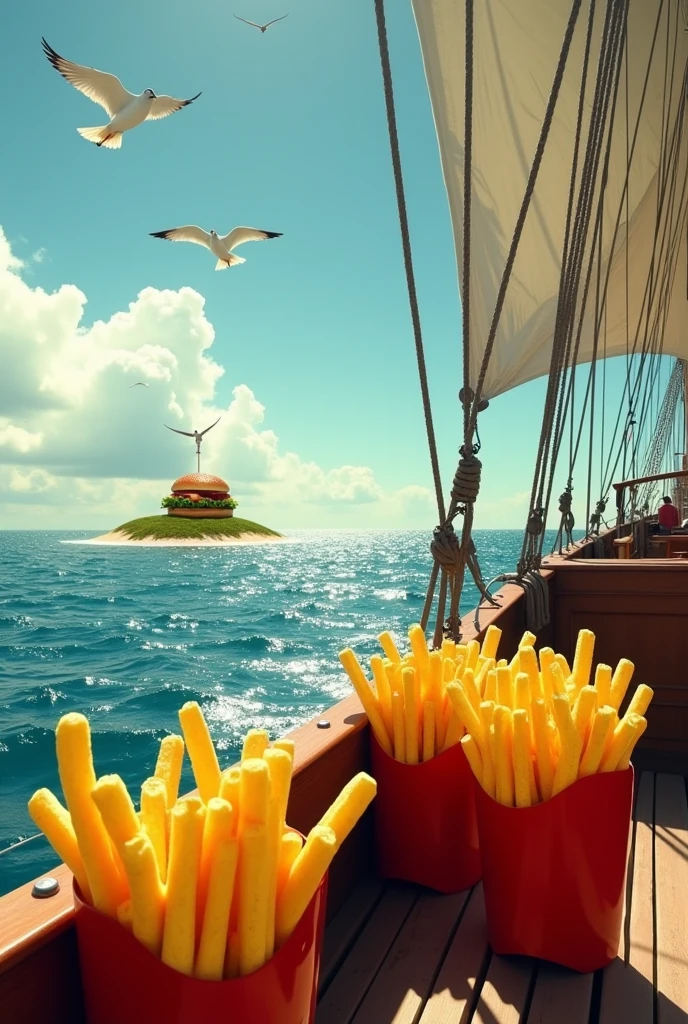 French fries on a ship spotting a burger on an island
