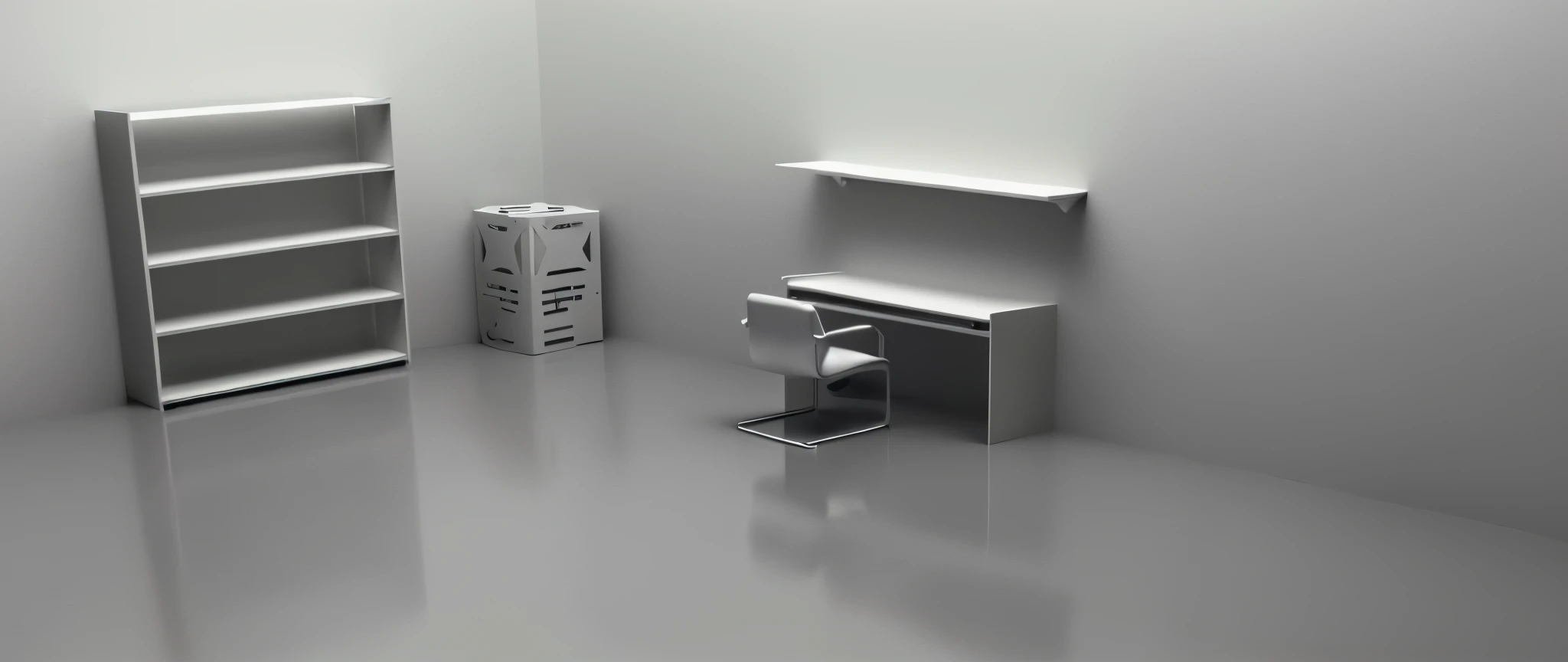 The white-walled room has a table and shelves, minimalist desk, Product rendering, minimalist home office, minimalist furniture, 3d minimalistic, simplistic design, product design render, 3 d product render, flat minimalistic, clean 3 d render, furniture concept photo!!, very realistic 3 d render, photographic render, 3d minimalistic art, desks