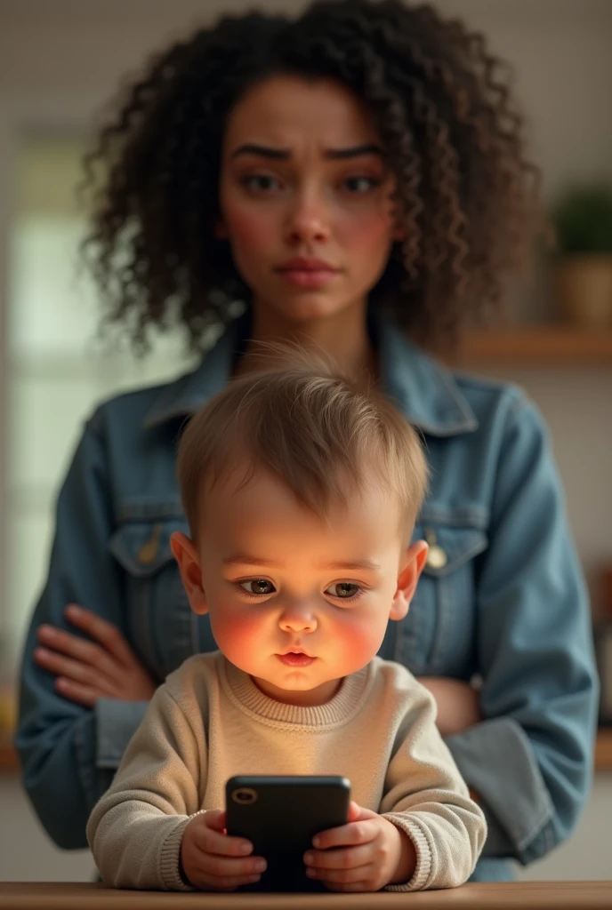 cute baby with phone with his very angry mother at his back in a realistic setting