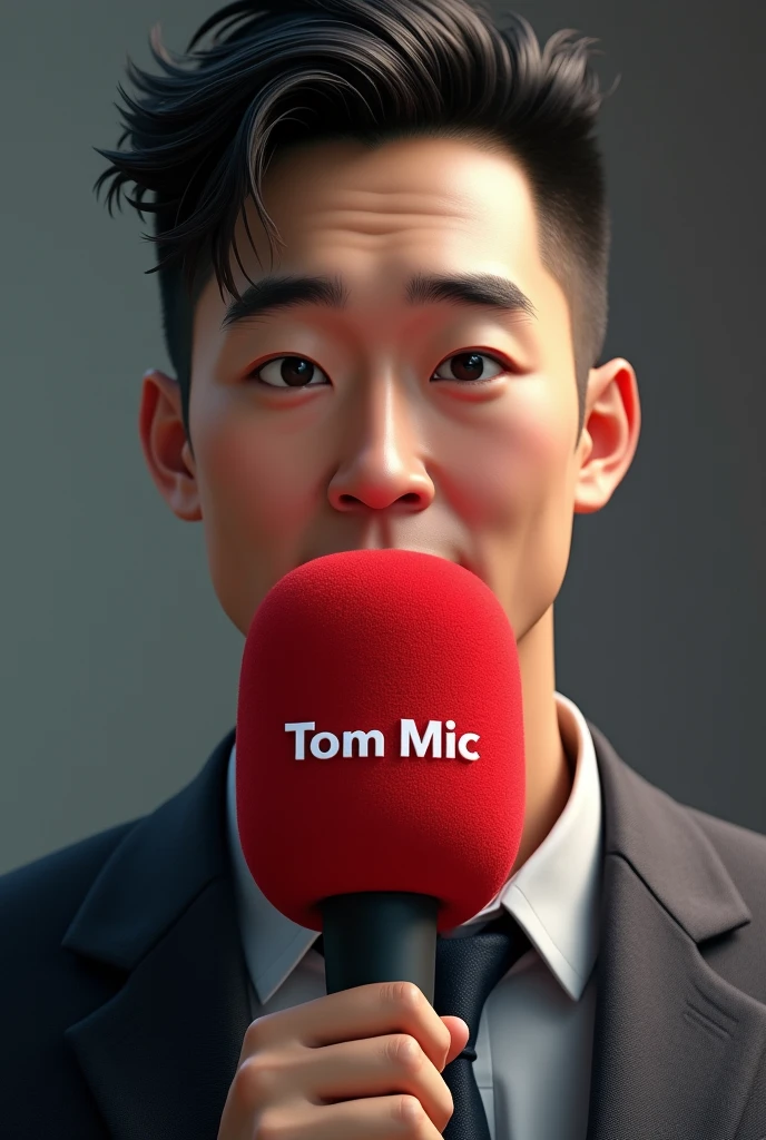 Draw a male journalist with an Asian face.  He was holding a red microphone as big as his head.  Miraphone has the word TOM mic on it.