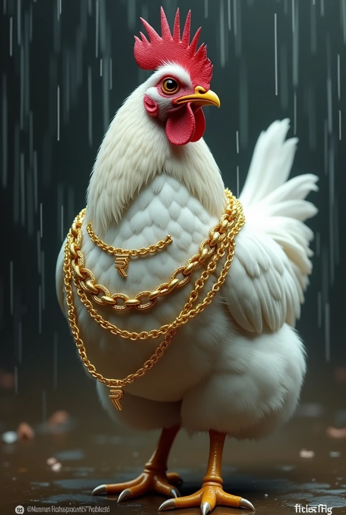 A white hen in poultry with 3 Big Golden chain and name On chain Tejas Gadhe and Indian
rupees rain