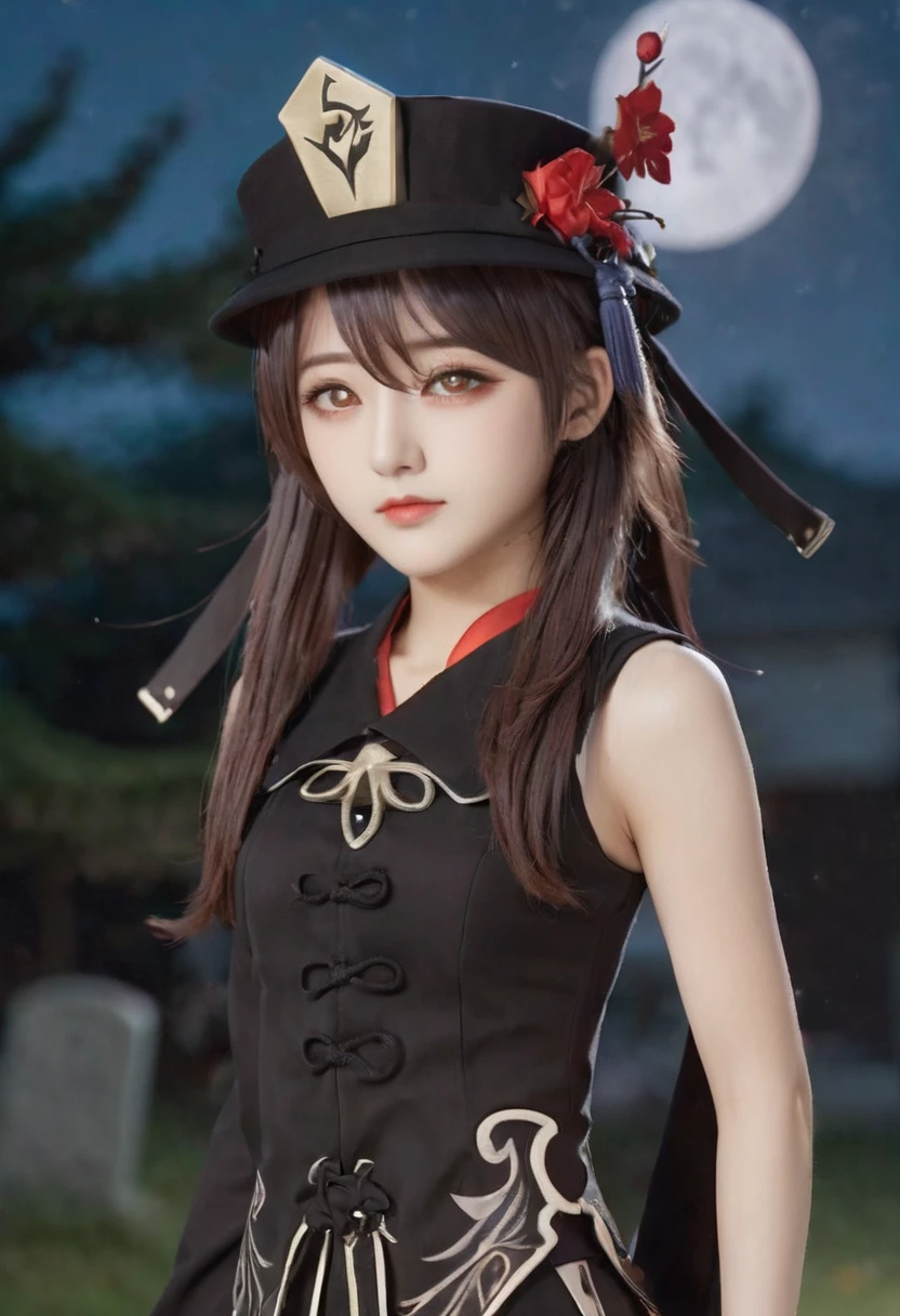 ((Best quality, 8k, Masterpiece :1.3)), Whole body, Sharp focus :1.2, small breast, masterpiece, best quality, 1girl, hu tao (genshin impact), boo tao,hat, red eyes, twintails, brown hair, solo, symbol-shaped pupils, long hair,bangs, black shorts , chinese clothes, holding digital voice recorder, detect ghost, investigates a mist-enshrouded, moonlit graveyard, midnight
