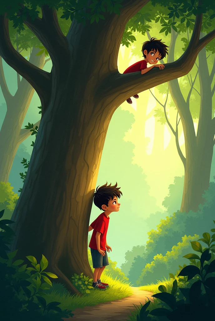 Two boy friend in the forest one behind the tree and one up the tree Red shirt 
