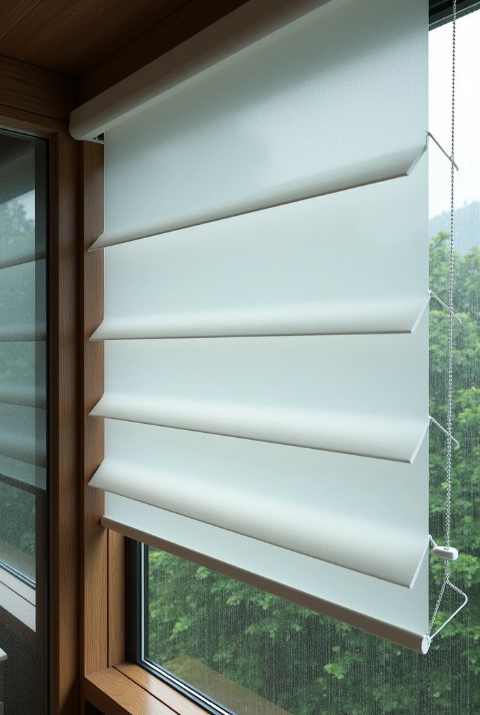 Generate an image of a monsoon blind in the Roman fold style. The blind should feature horizontal pleats and the strip should be in color that fold neatly when raised, made of water-resistant PVC Plastic to handle monsoon weather. The design should be simple and elegant, with subtle Roman-inspired patterns, and the scene should depict the blind partially lowered, with rain visible outside the material is PVC Plastic and it's transparent so the background are visible. It is used in patios and balconies.