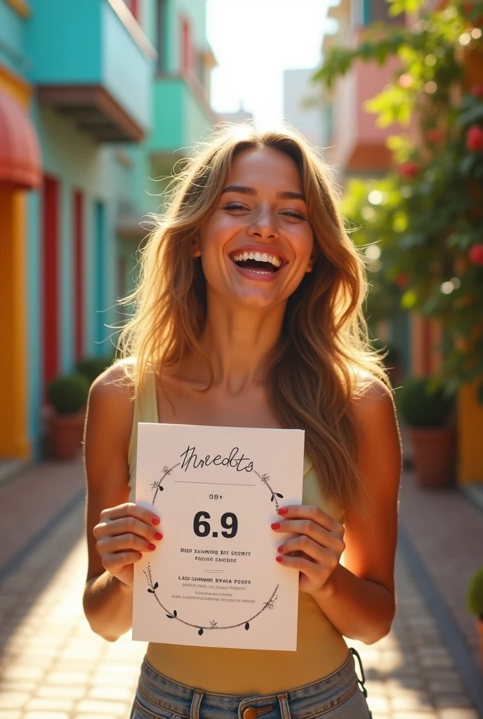 Create a realistic, filmic photo of a young woman standing on a sunny street, smiling and holding up an invitation to the Threedots BBQ summer party on 6.9. She should have a casual and happy demeanor, dressed in summer attire, with vibrant colors around her that reflect the lively, warm, and cheerful atmosphere of the season. The invitation she's holding should clearly display the date and event details.