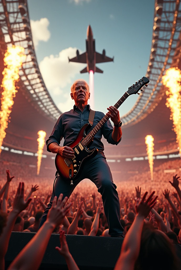 (photorealism:1.2), Biden playing rock on the guitar, staying on the scene, fire around, thousands of fans, playing solo, FPV Drone in the air and f-16 plane