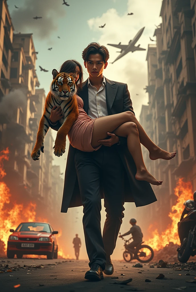 Poster film action,Potret pria muda ras asia 18 tahun memakai baju mafia sedang menggendong wanita muda dan seekor anak macan ,di sebuah gedung hancur,api,mobil,motor,pesawat,real best quality