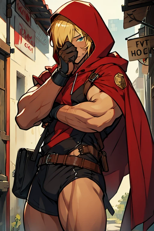 man, hair covering her face blonde, brown skin, naked, with red hood