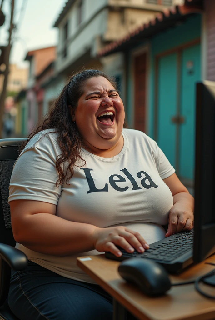 an extremely fat white woman in front of the computer in the favela with the shirt saying lela and laughing