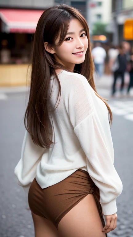 Highest quality, 8K, Very delicate and beautiful, Highly detailed face and skin texture, High resolution, ((( aked))),perfect pussy,A big sexy brown long haired Japanese girl with tanned skin is standing in the street and smiling, whole body, Sharp focus,Random Face,Random Posing,