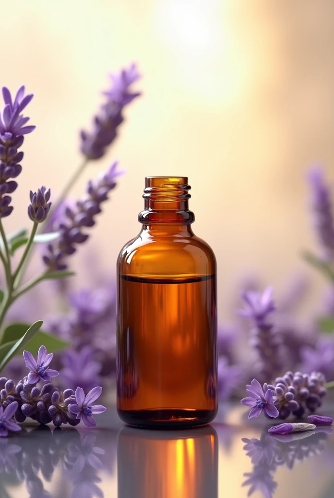 bottle of brown essential oil with lavender leaves in the background