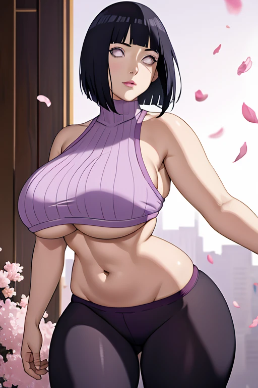 masterpiece, absurdres, hinata\(boruto\), 1girl, solo,mature female, leggings, looking at viewer, (falling petals), perfect composition, detailed lips, gigantic breast, beautiful face, body propotion, (pink lips), short hair, purple eyes, soft gaze, super realistic, detailed, photoshoot, realistic face and body, underboob, turtleneck, gigantic breasts, curvy, cowboy shot, bare shoulders, curvy ass, bubble butt, back view