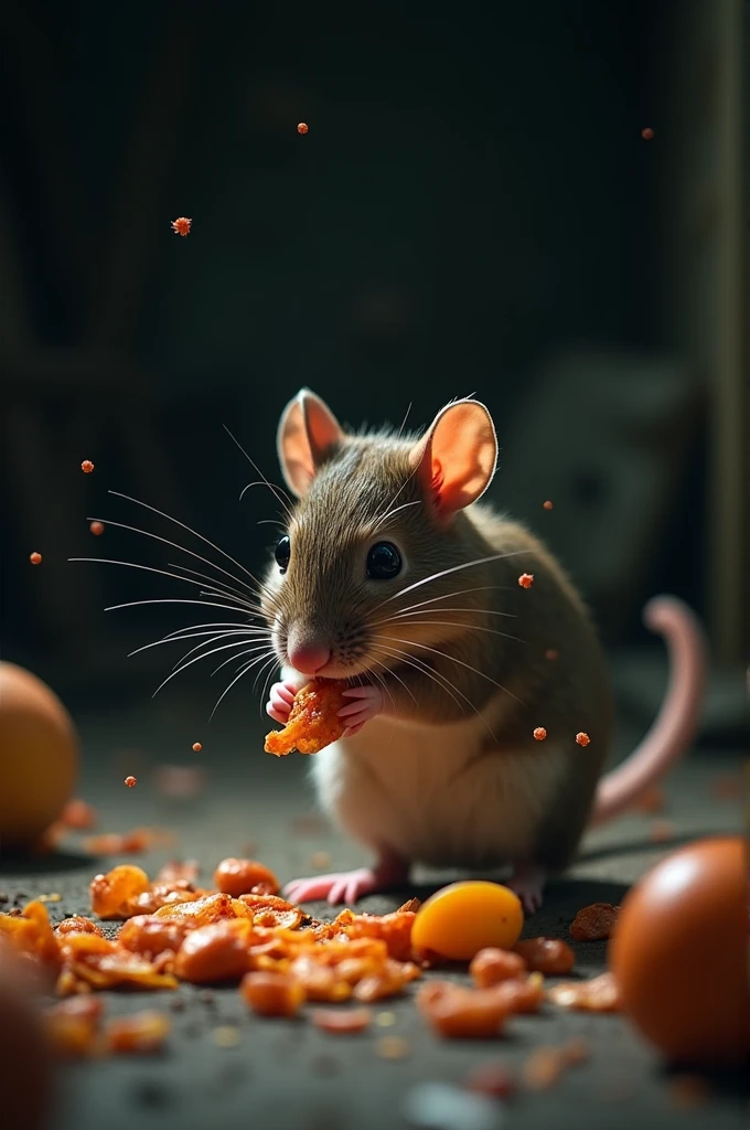 : A rodent is eating food contaminated with Toxoplasma gondii oocysts. small particles (representing the oocysts) are invisible to the naked eye, but visible to the reader, entering the rodent&#39;s body.