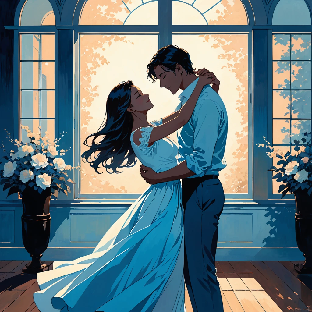 The scene depicts a couple dancing in a softly lit room, illuminated by moonlight streaming through large windows. Their hands are tightly held, and their bodies gently sway to the rhythm of the music. The shadows cast by the moonlight create an intimate and soulful atmosphere. The couple's expressions are calm and content, reflecting the deep connection they share. The color palette should include soft blues, gentle whites, and warm tones to emphasize the peaceful and tender moment they are sharing