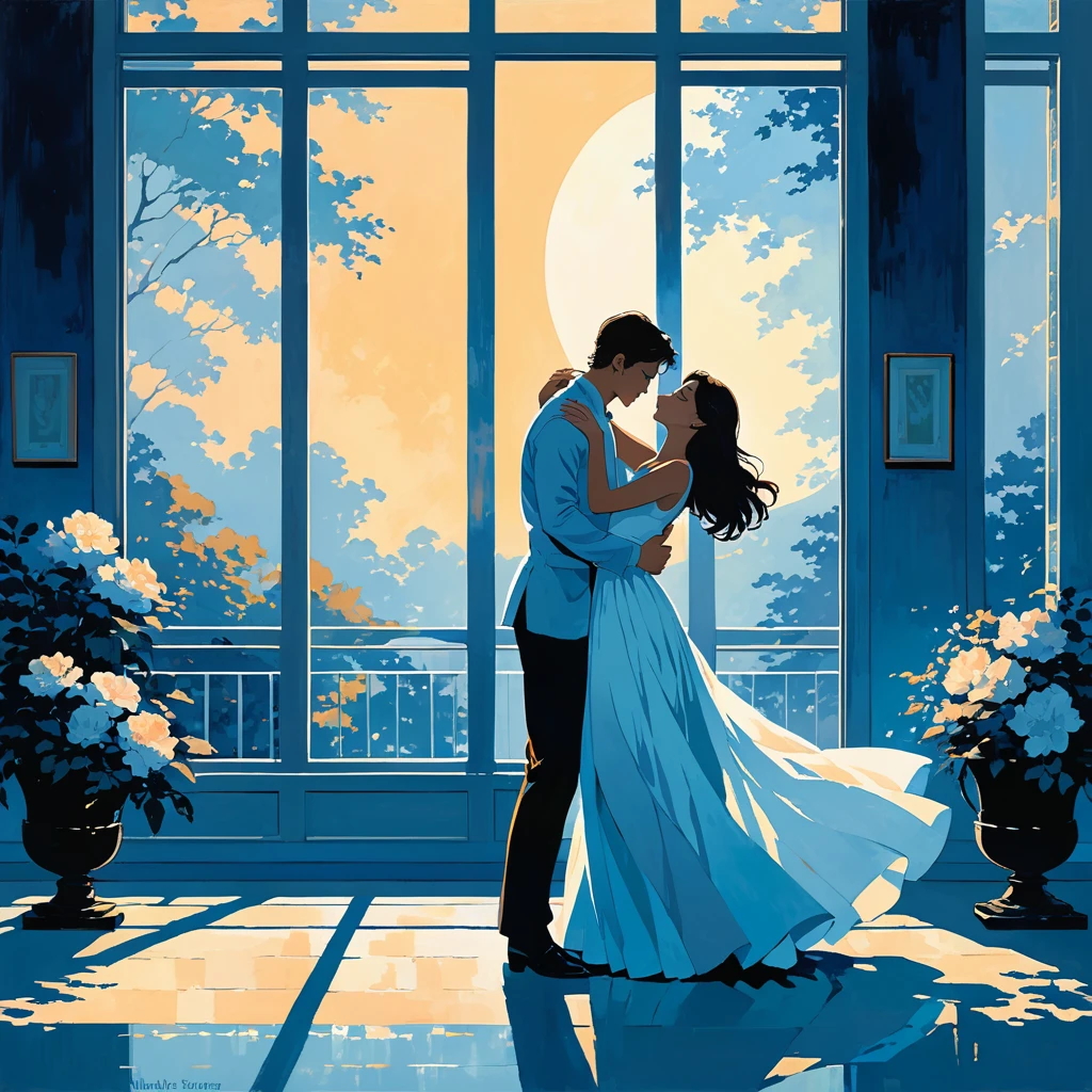 The scene depicts a couple dancing in a softly lit room, illuminated by moonlight streaming through large windows. Their hands are tightly held, and their bodies gently sway to the rhythm of the music. The shadows cast by the moonlight create an intimate and soulful atmosphere. The couple's expressions are calm and content, reflecting the deep connection they share. The color palette should include soft blues, gentle whites, and warm tones to emphasize the peaceful and tender moment they are sharing