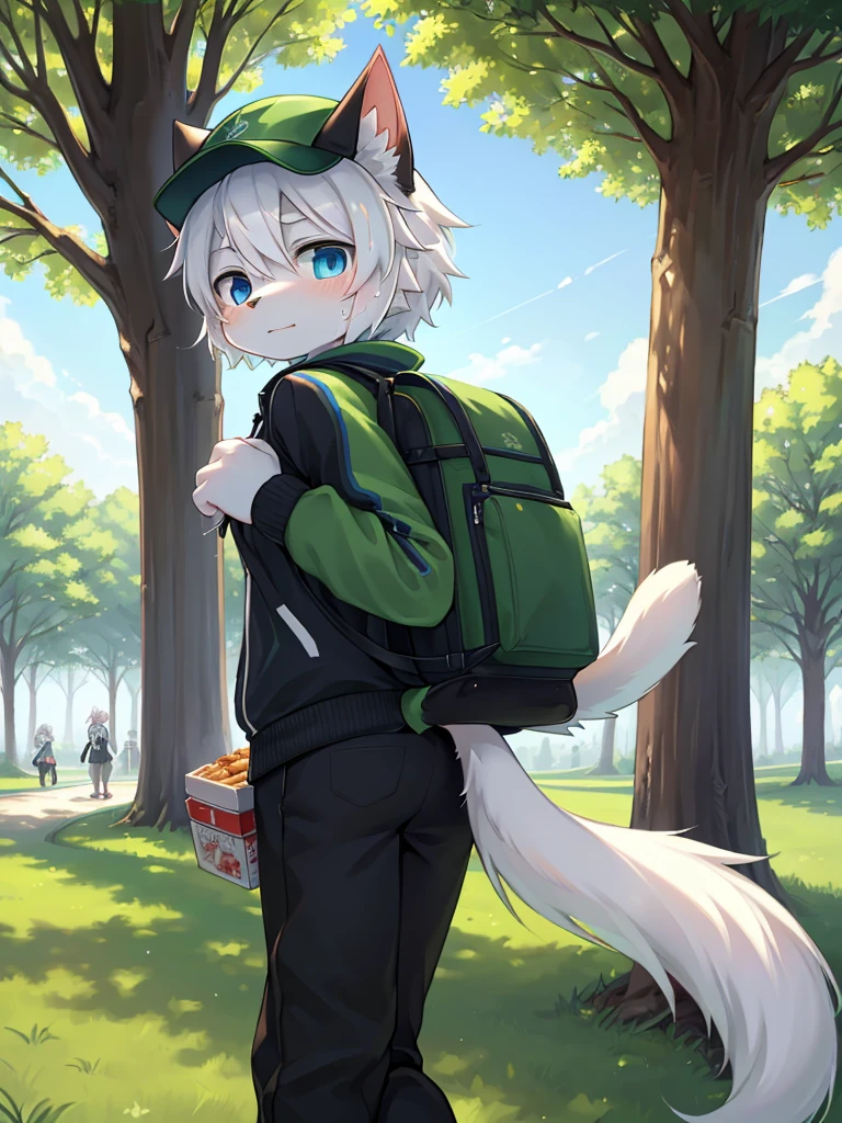 Masterpiece, high details, solo, chinese art style, (kemono, solo, cat, teens, male, white hair, blue eyes, white fur color, wear green with white line jacket, wear black pants, wear green cap, tail, green backpack, food backpack, in food delivery), no smile, serious, sweating, do not look at viewers, walking, nervous, (in park, park, tree in park, day time, medium fov) soft light, soft glow, negetivr fliming, smooth lightning